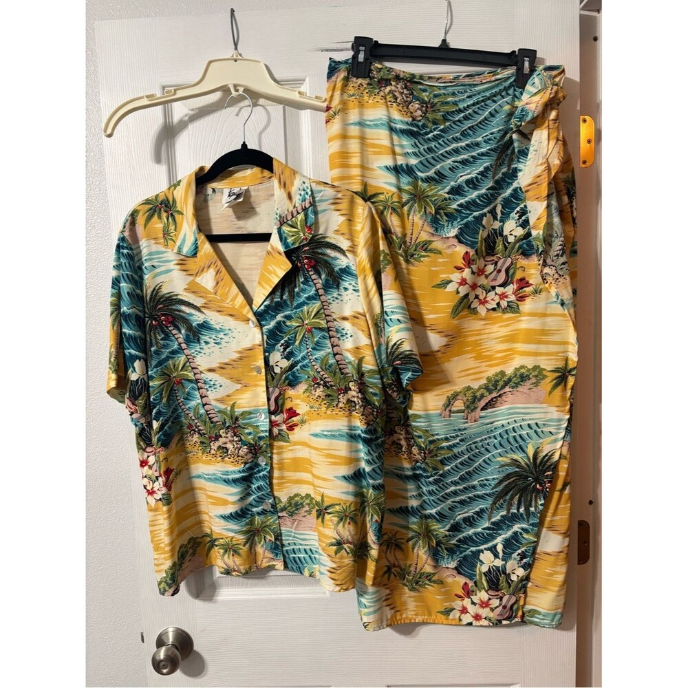 2 Pc Womens Hawaiian Set Lg Tropical Wrap Skirt & Shirt Resort Beach Vacation